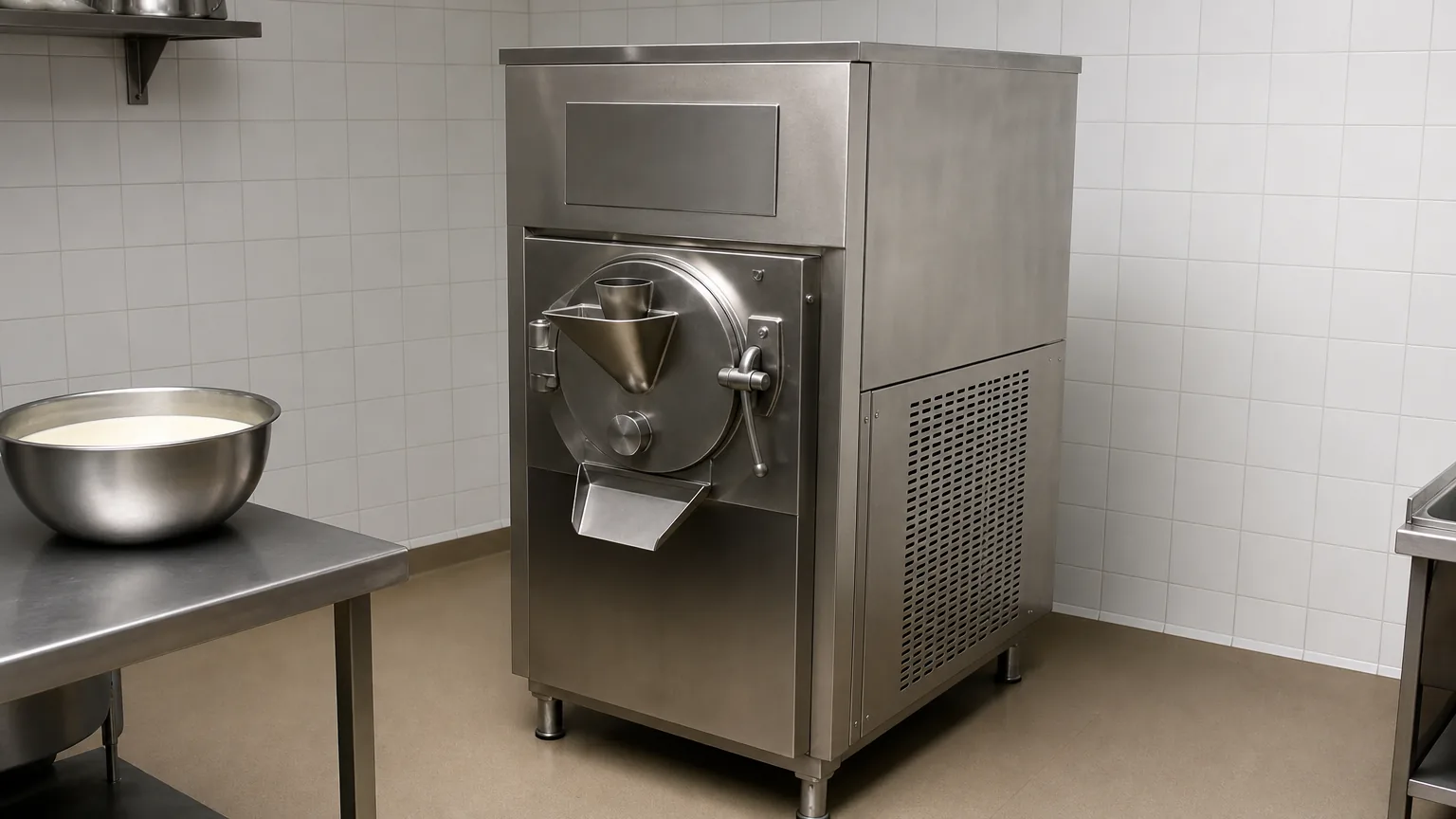 A stainless steel batch freezer in a tiled kitchen