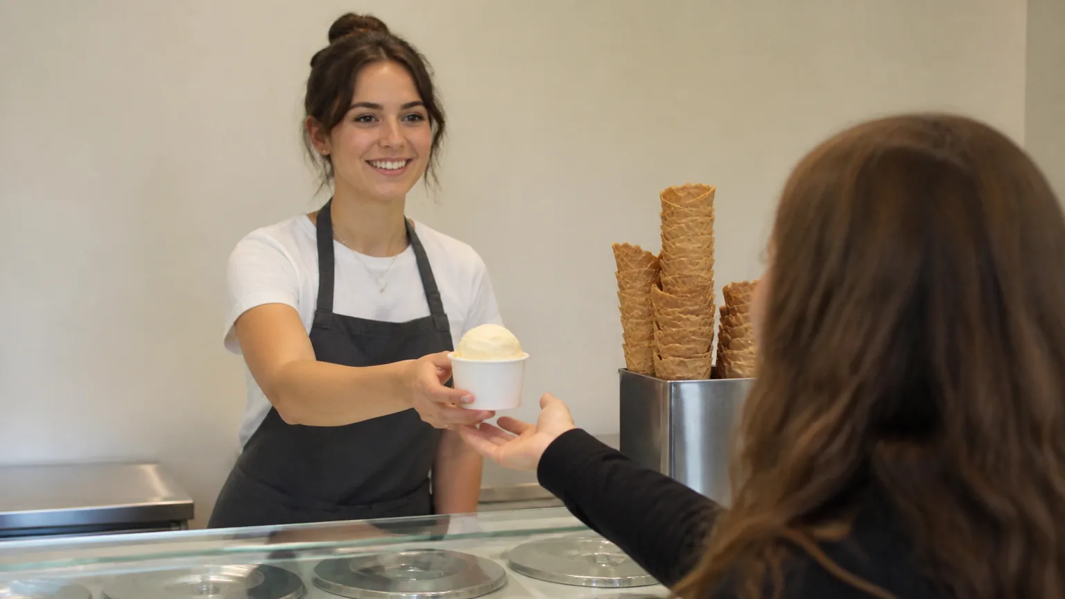 A shop worker handing a cup of ice cream to a customer