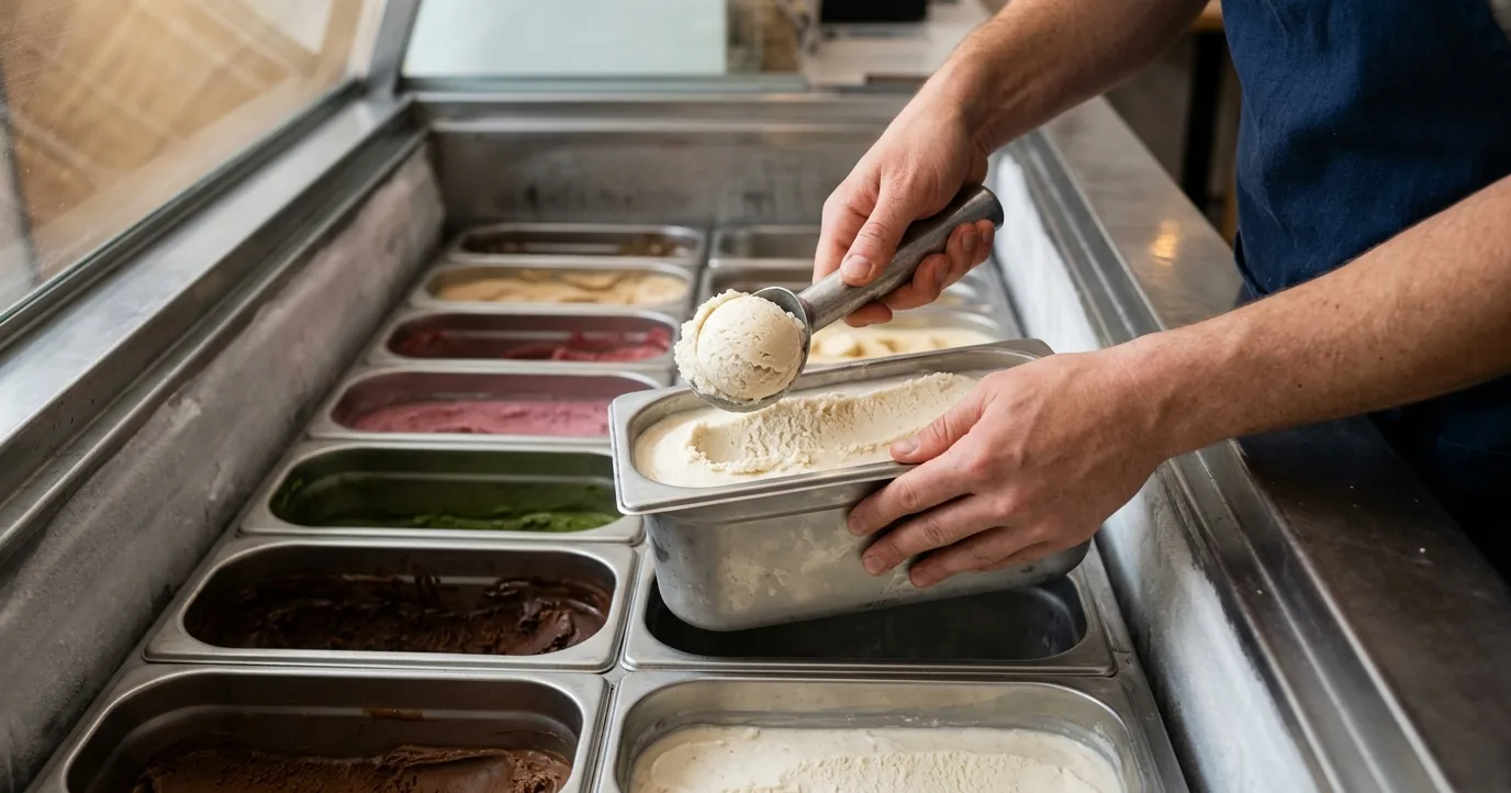 A worker lifting a scoop of ice cream from a dipping cabinet