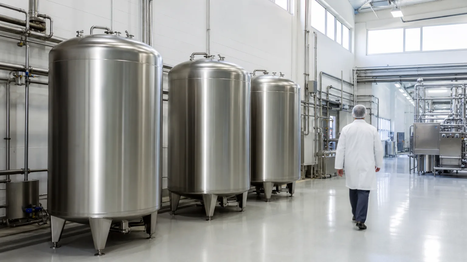 Stainless steel fermentation tanks in a food plant