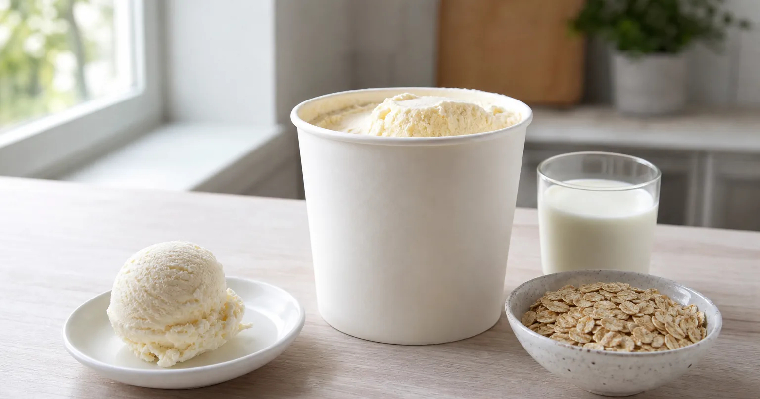 Tub of vanilla ice cream with oats and a glass of milk