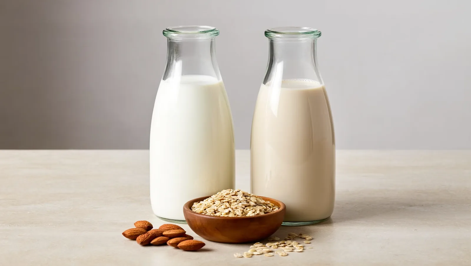 Carafes of cow's milk and oat drink with oats and almonds