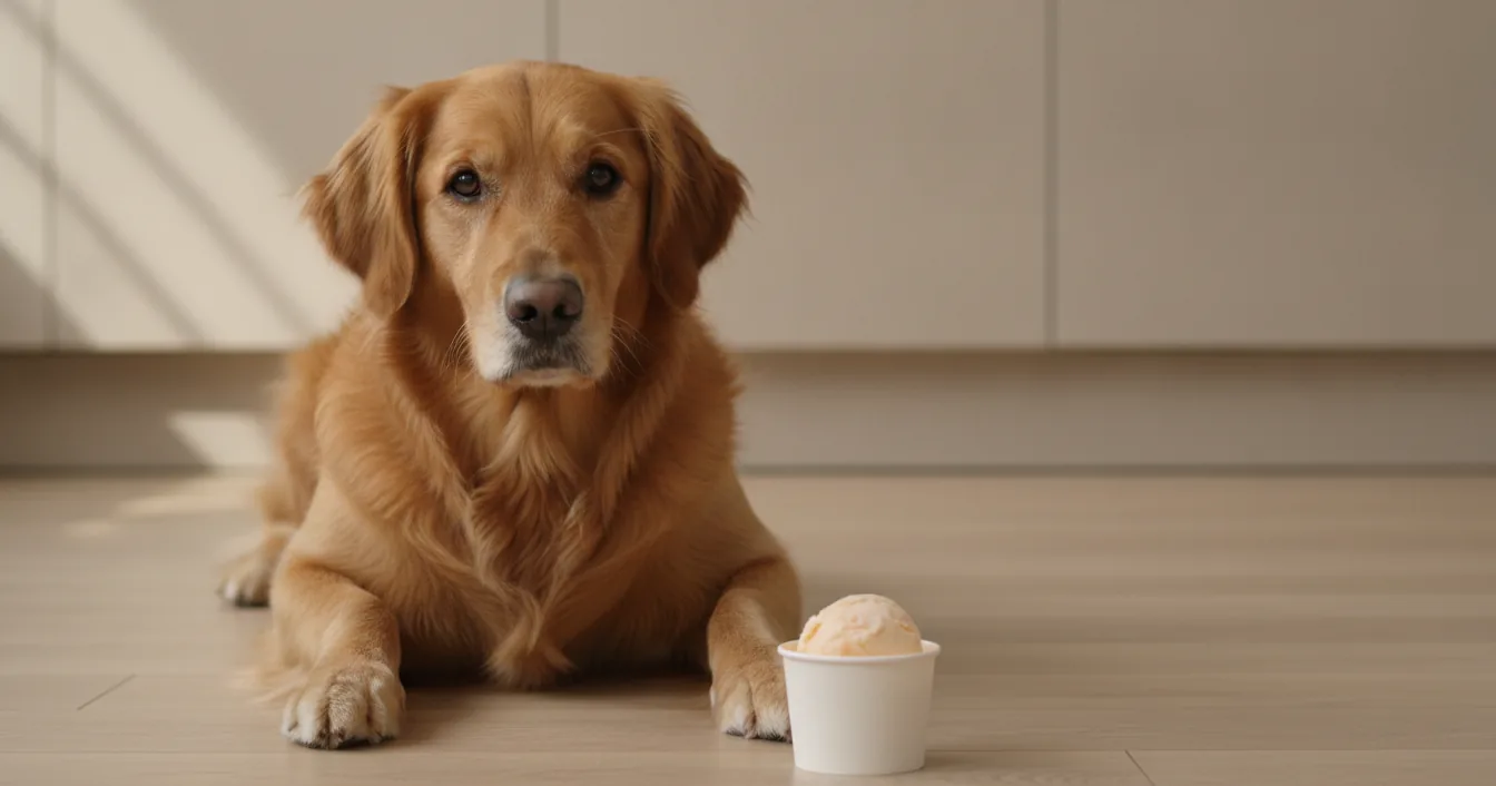 A golden retriever lying on a kitchen floor beside a small white cup of frozen treat.