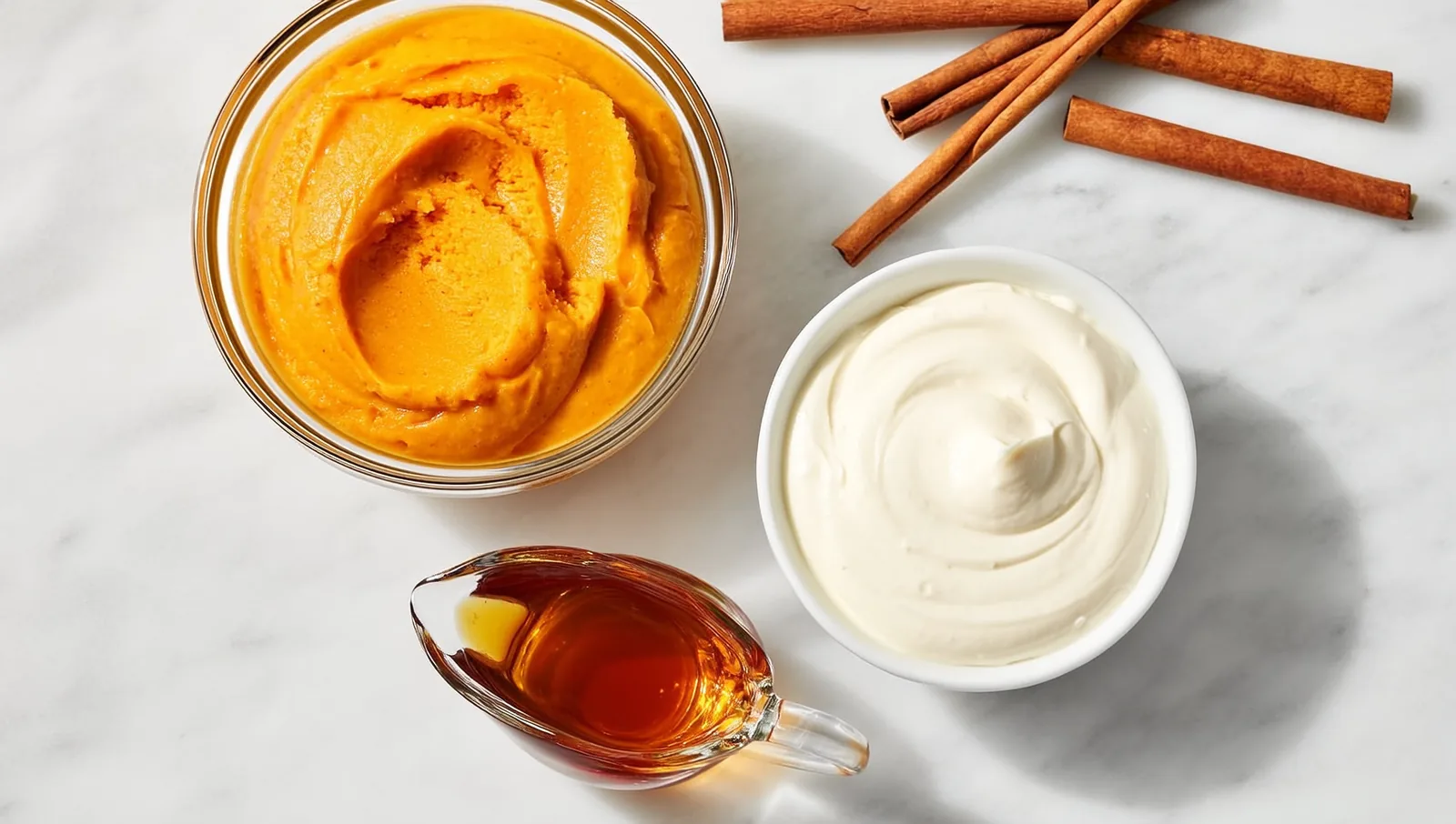 Pumpkin puree, coconut cream, maple syrup, and cinnamon sticks arranged on a marble counter.