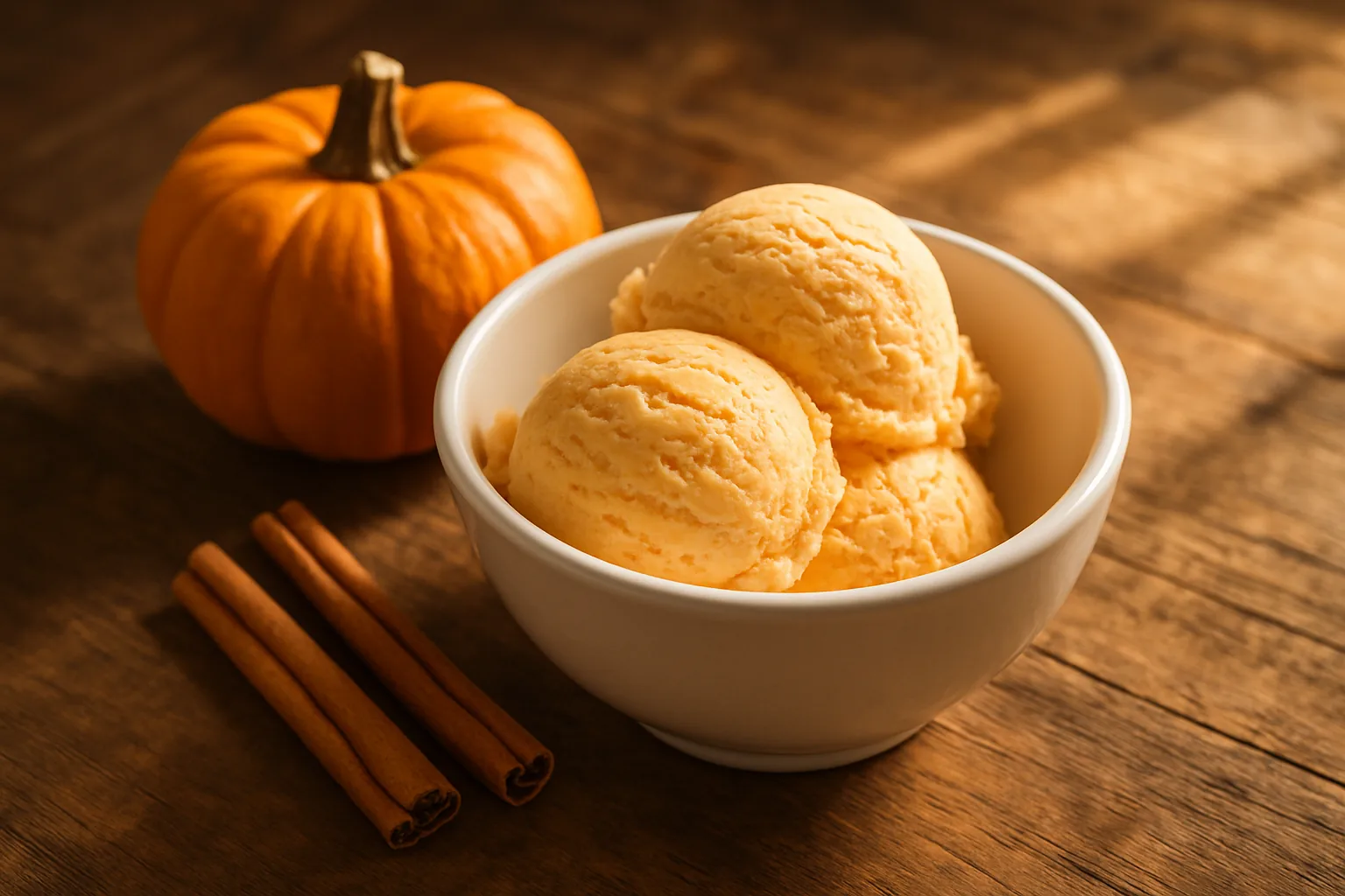 Two scoops of pale orange pumpkin ice cream in a white bowl beside a small pumpkin and cinnamon sticks.