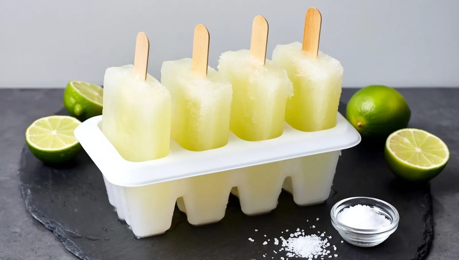 Four pale lime ice pops standing upright in a white silicone mold on a dark slate counter, with halved limes and a small dish of coarse salt beside them.