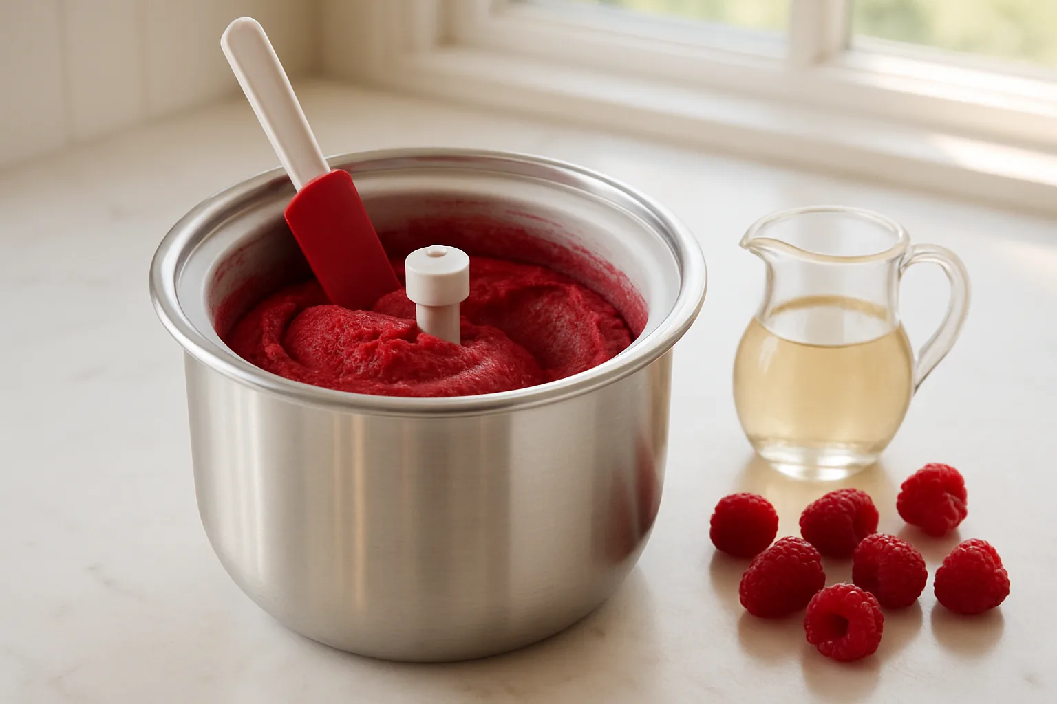 A stainless steel ice cream maker bowl on a kitchen counter filled with freshly churned deep red raspberry sorbet, beside a small glass jug of white wine and scattered fresh raspberries.