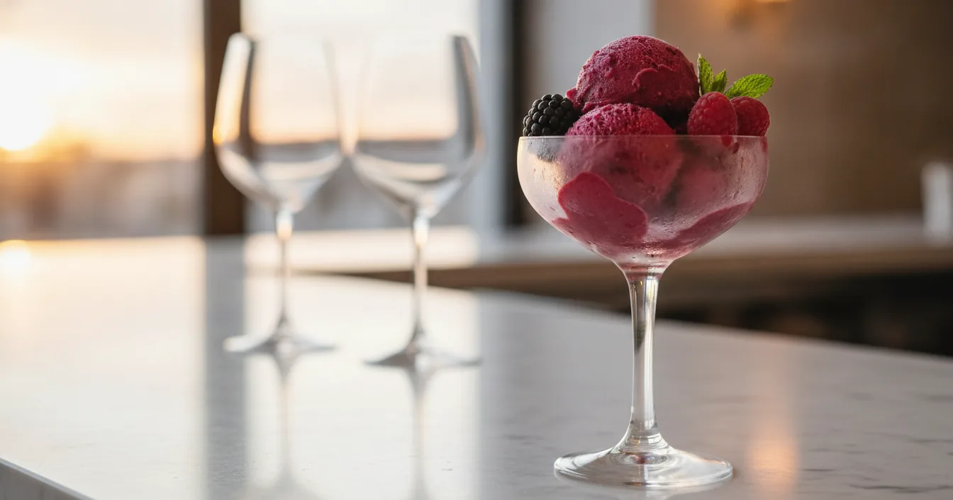 A scoop of deep magenta berry sorbet in a chilled coupe glass on a marble bar counter, topped with fresh blackberries, raspberries, and a sprig of mint.