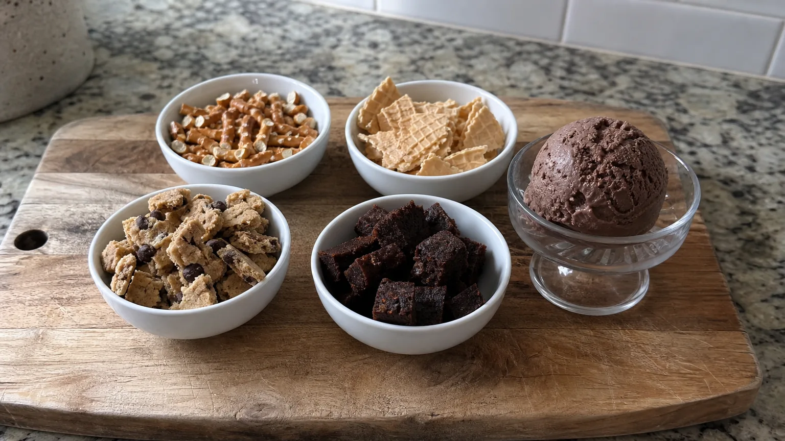 Bowls of pretzel, cookie, brownie and cone pieces