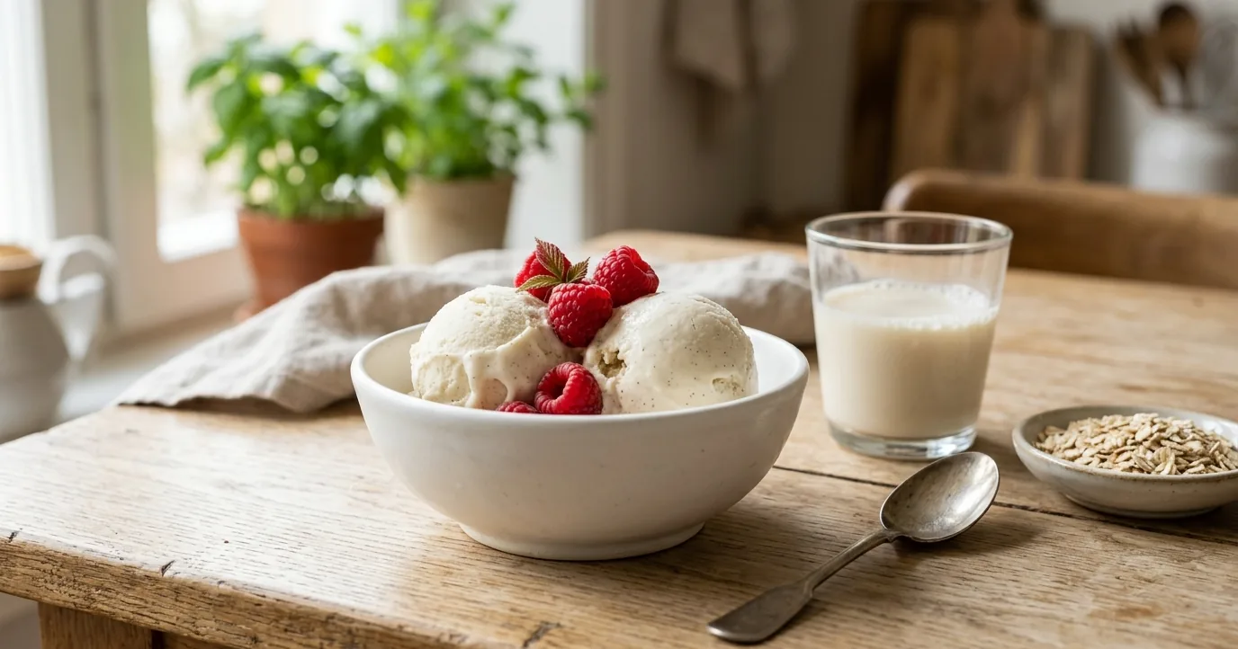 Bowl of vanilla ice cream beside oat milk and oats