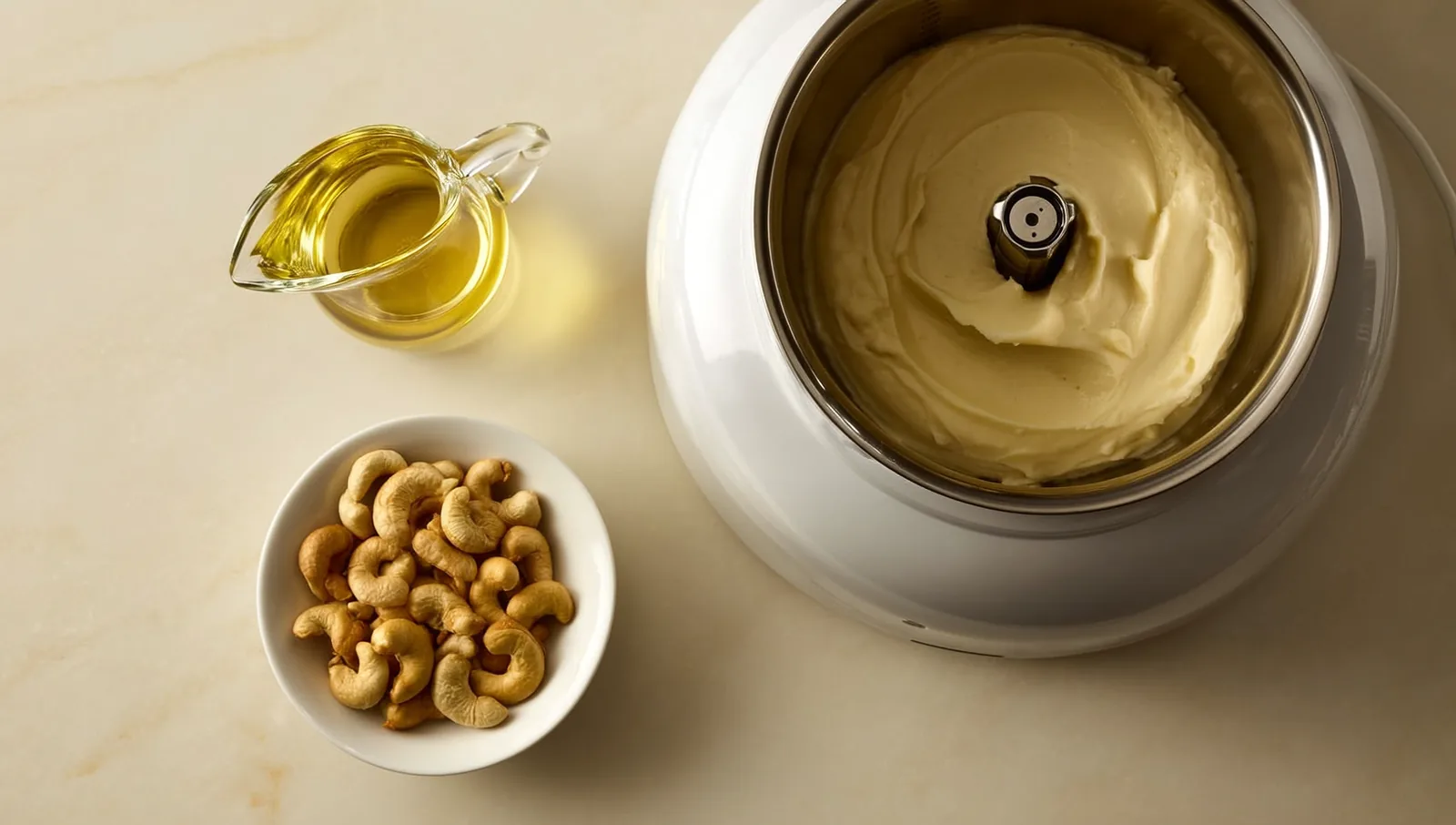 An ice cream maker churning a pale base, next to a glass jug of neutral oil and a bowl of raw cashews.