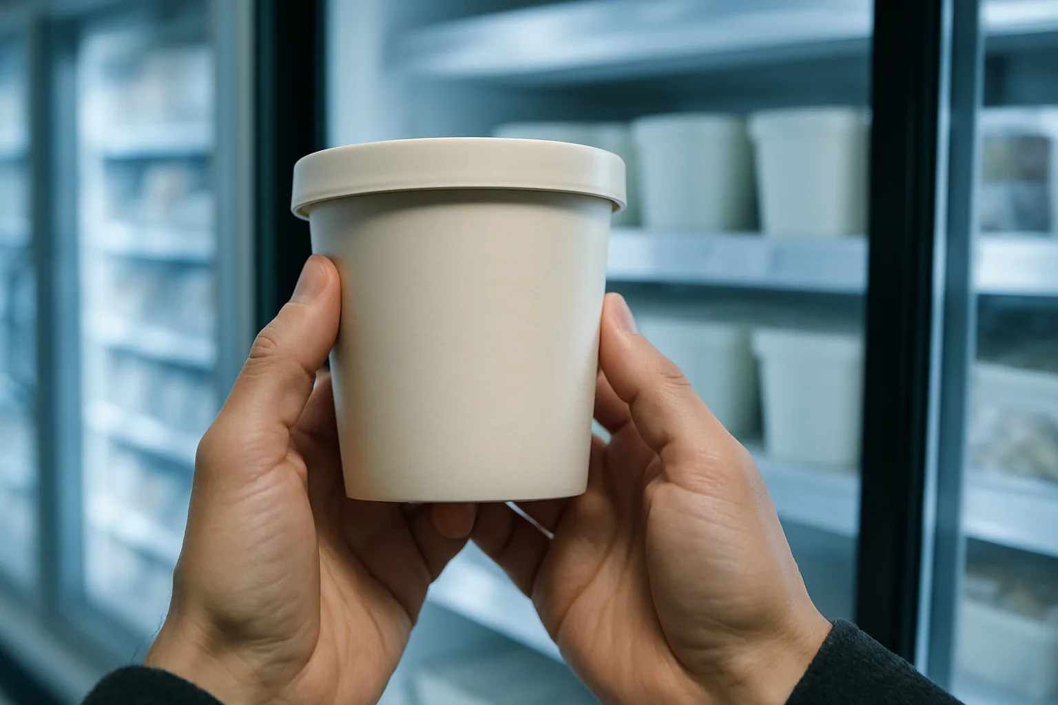 Two hands turning a plain pint carton around to read the back of it in a supermarket freezer aisle.