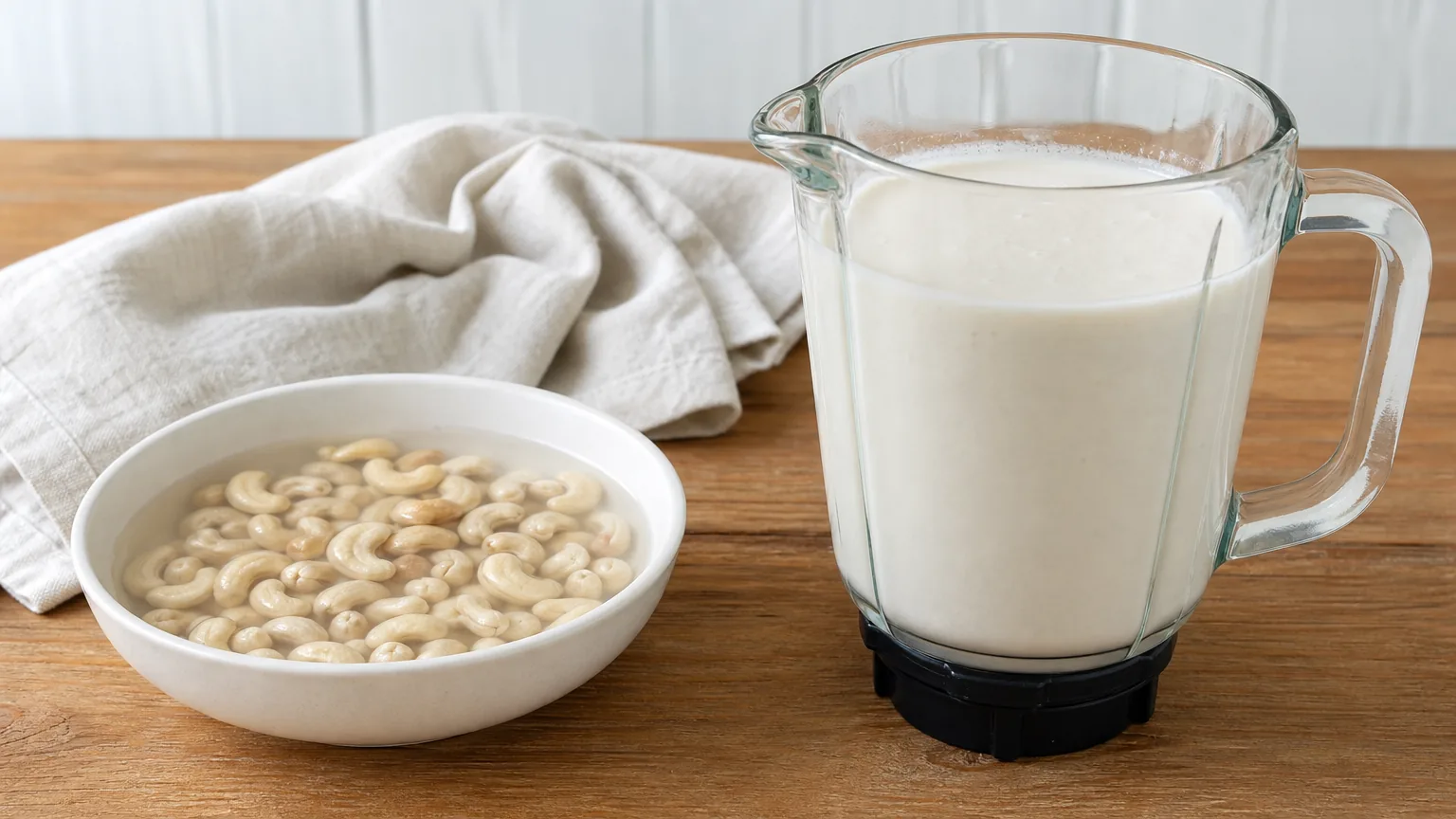 Blender jug of cashew cream beside a bowl of soaking cashews