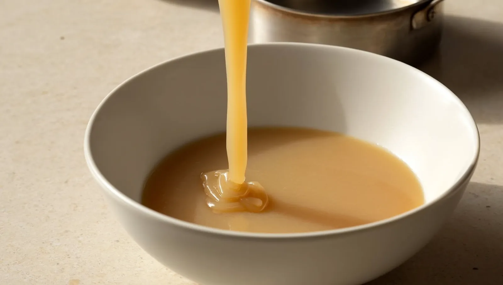 Condensed coconut milk pouring from a spoon into a white bowl