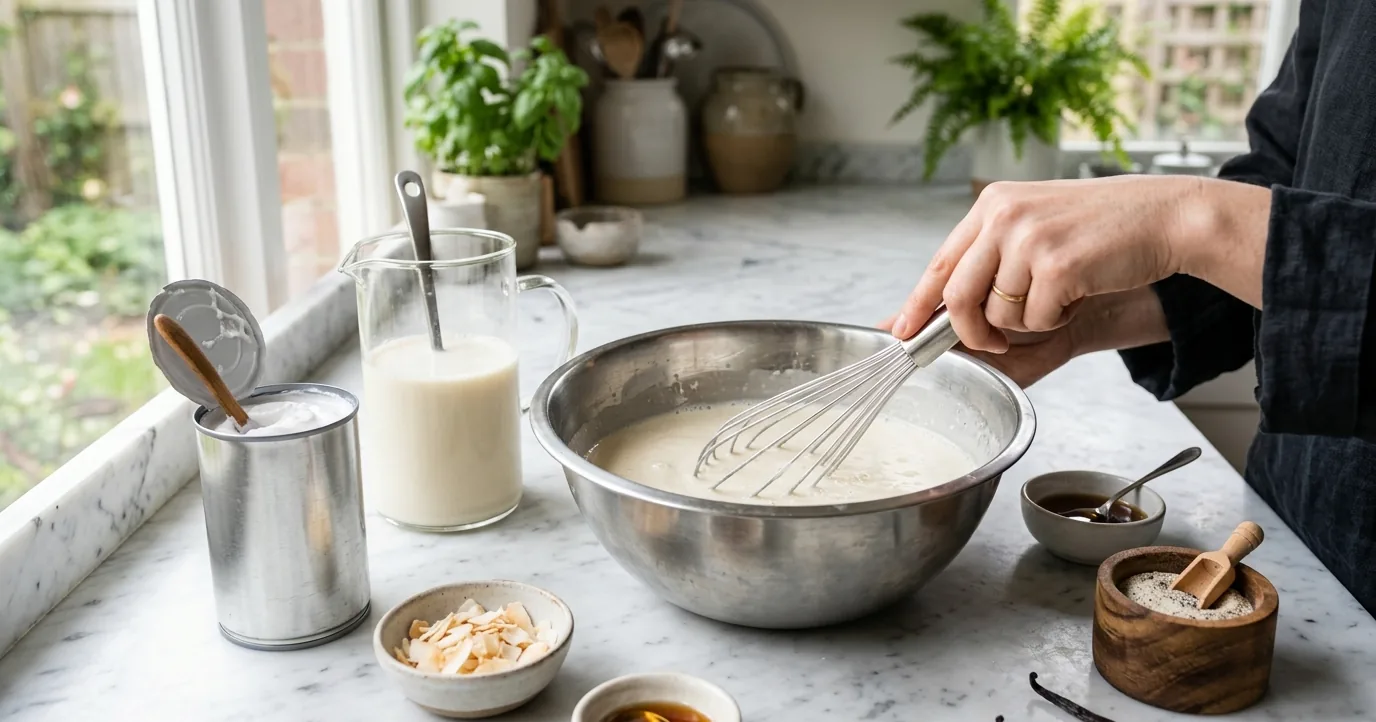 Whisking pale ice cream base beside a can of coconut cream
