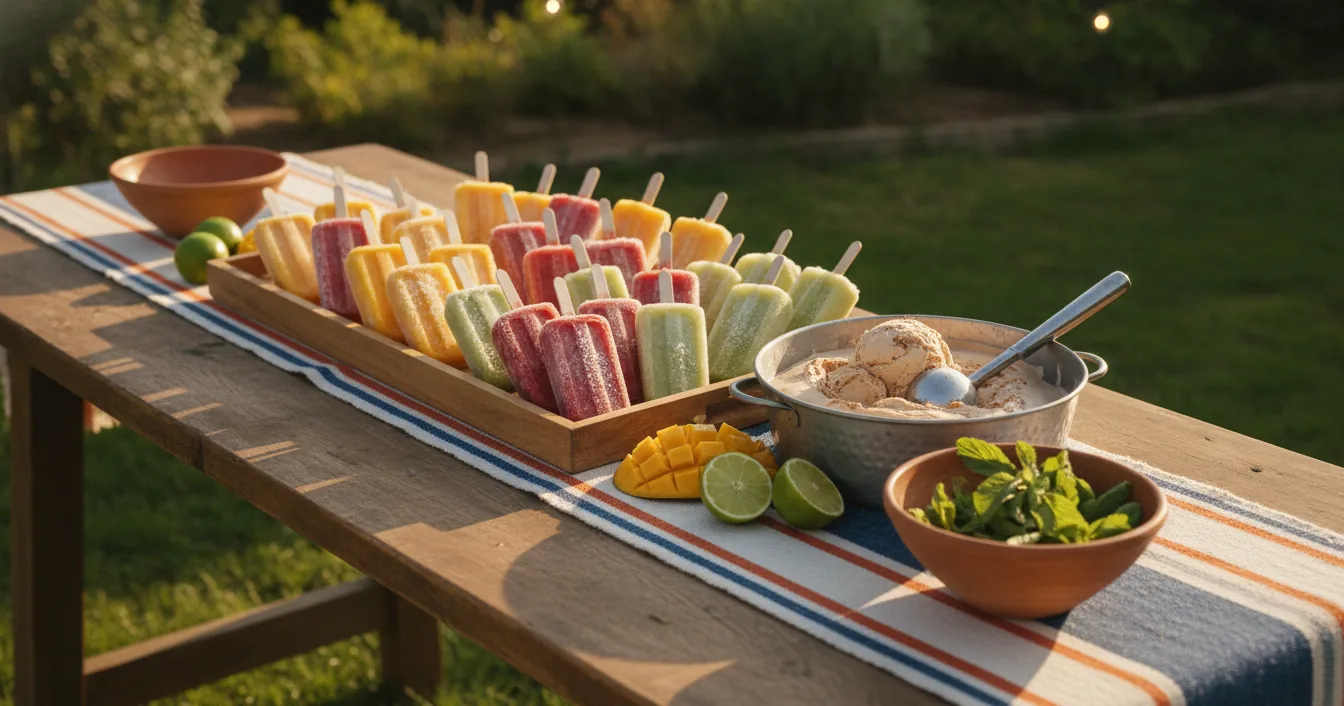An outdoor party table set with colorful fruit paletas, a tub of cinnamon horchata ice cream, and lime wedges in afternoon sun.