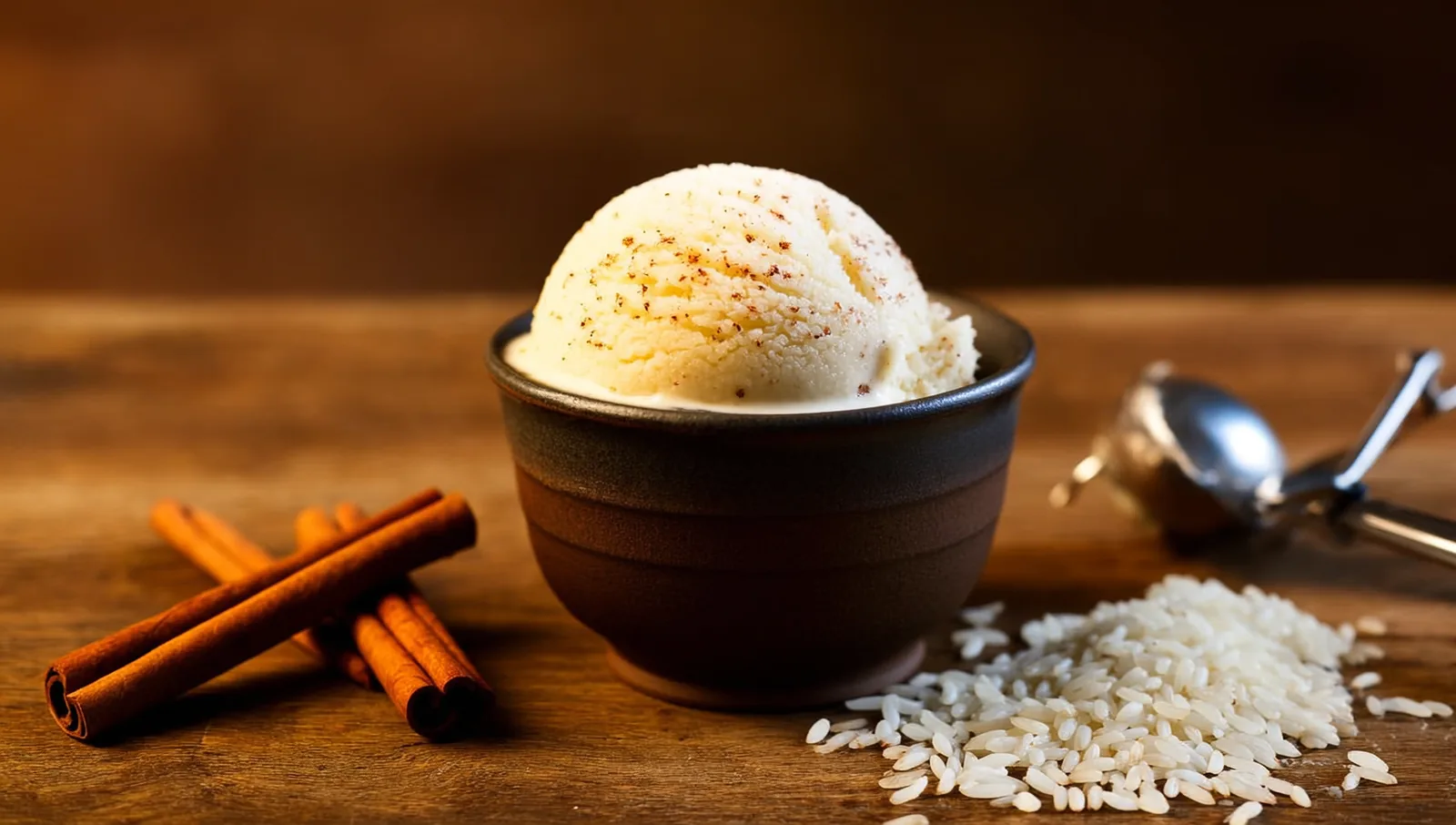 A scoop of pale cinnamon-speckled horchata ice cream in a dark ceramic bowl, with cinnamon sticks and raw white rice grains on a wooden table.