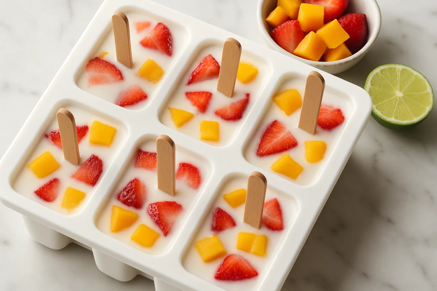 Fruit paletas in silicone molds on a kitchen counter, filled with mango and strawberry pieces before freezing.