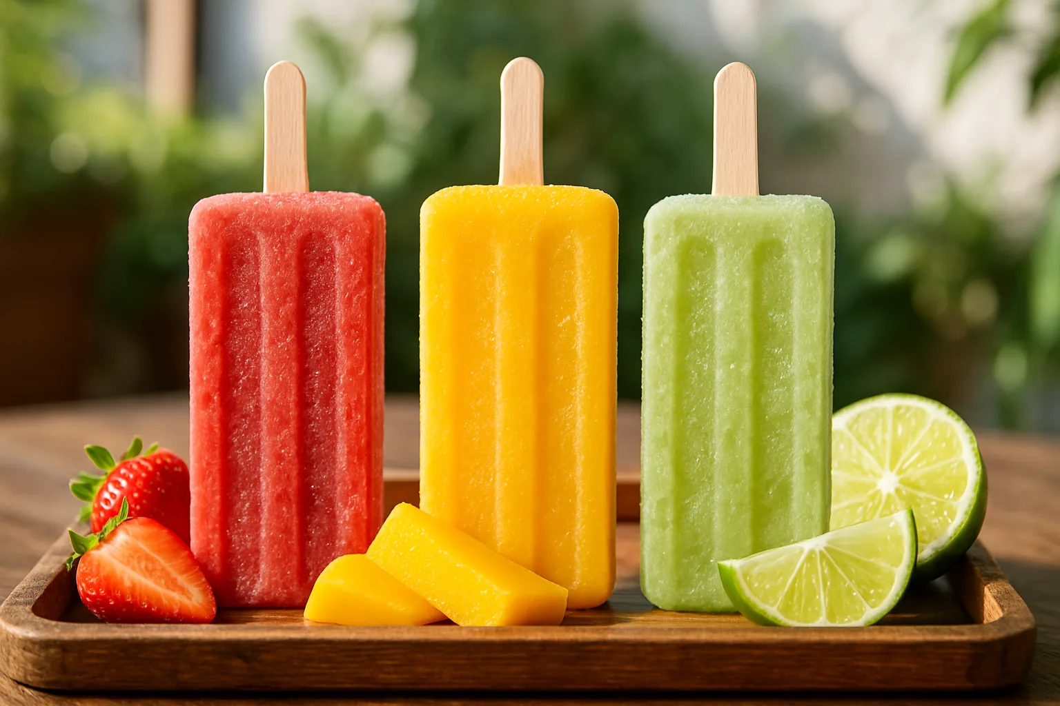 A rustic wooden tray of colorful strawberry, mango, and lime fruit paletas beaded with frost.