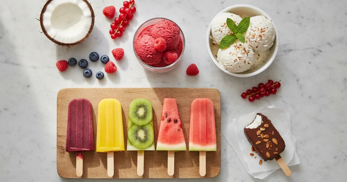 An overhead spread of dairy-free frozen desserts on a marble counter: raspberry sorbet, coconut gelato, colorful fruit paletas, and a chocolate-dipped bar.