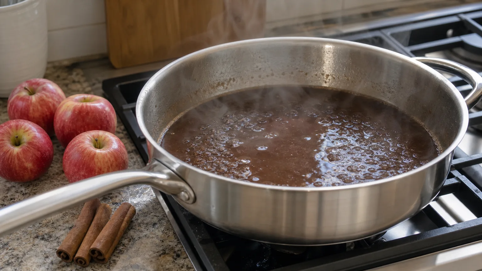 A saucepan of apple cider reducing on a stove with cinnamon sticks and fresh apples nearby