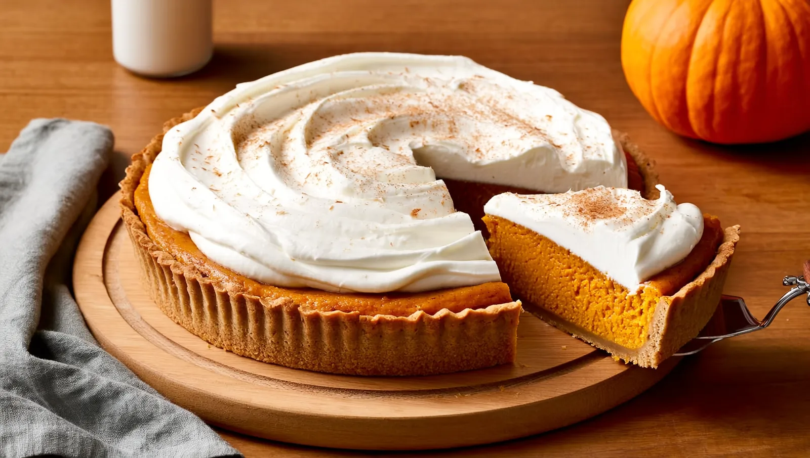 A frozen dairy-free pumpkin pie topped with whipped coconut cream on a wooden board