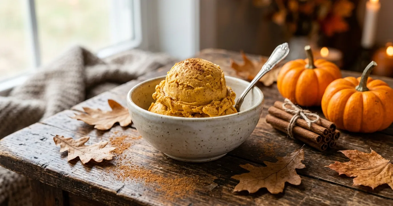 Pumpkin ice cream in a bowl with cinnamon sticks and small pumpkins