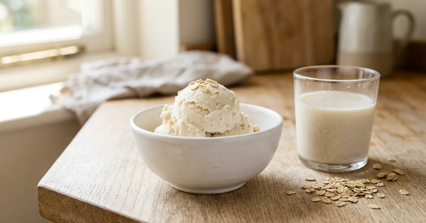 A bowl of pale ice cream beside a glass of oat milk