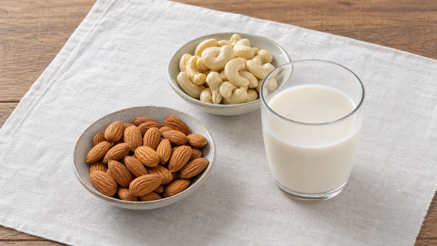 Bowls of almonds and cashews beside a glass of nut milk