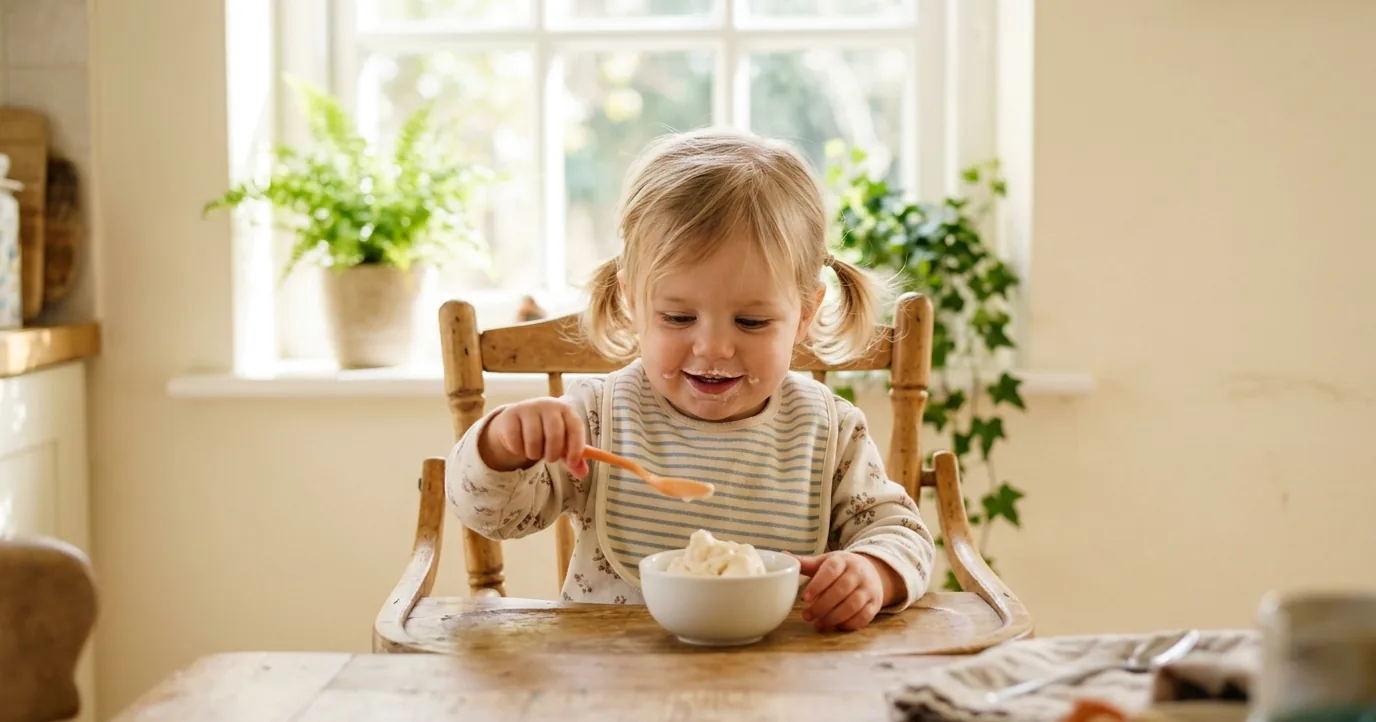 A toddler in a highchair eating from a small bowl