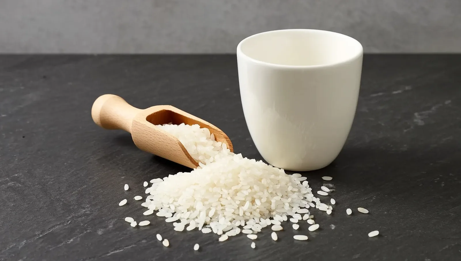 A wooden scoop of rice grains beside a white cup