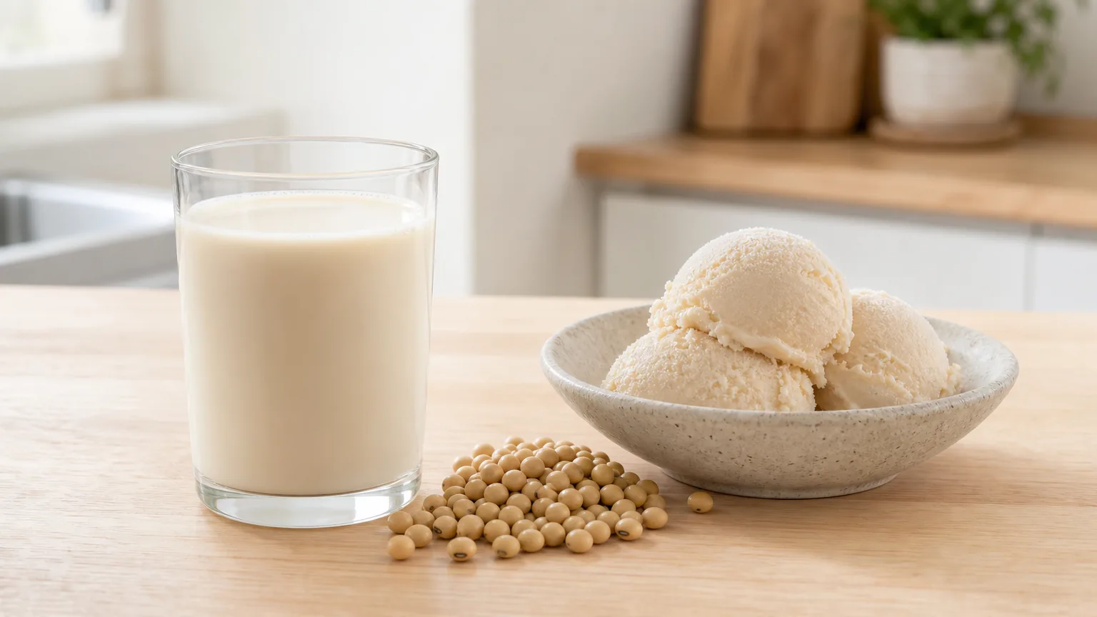 A glass of soy milk, soybeans and a bowl of pale scoops