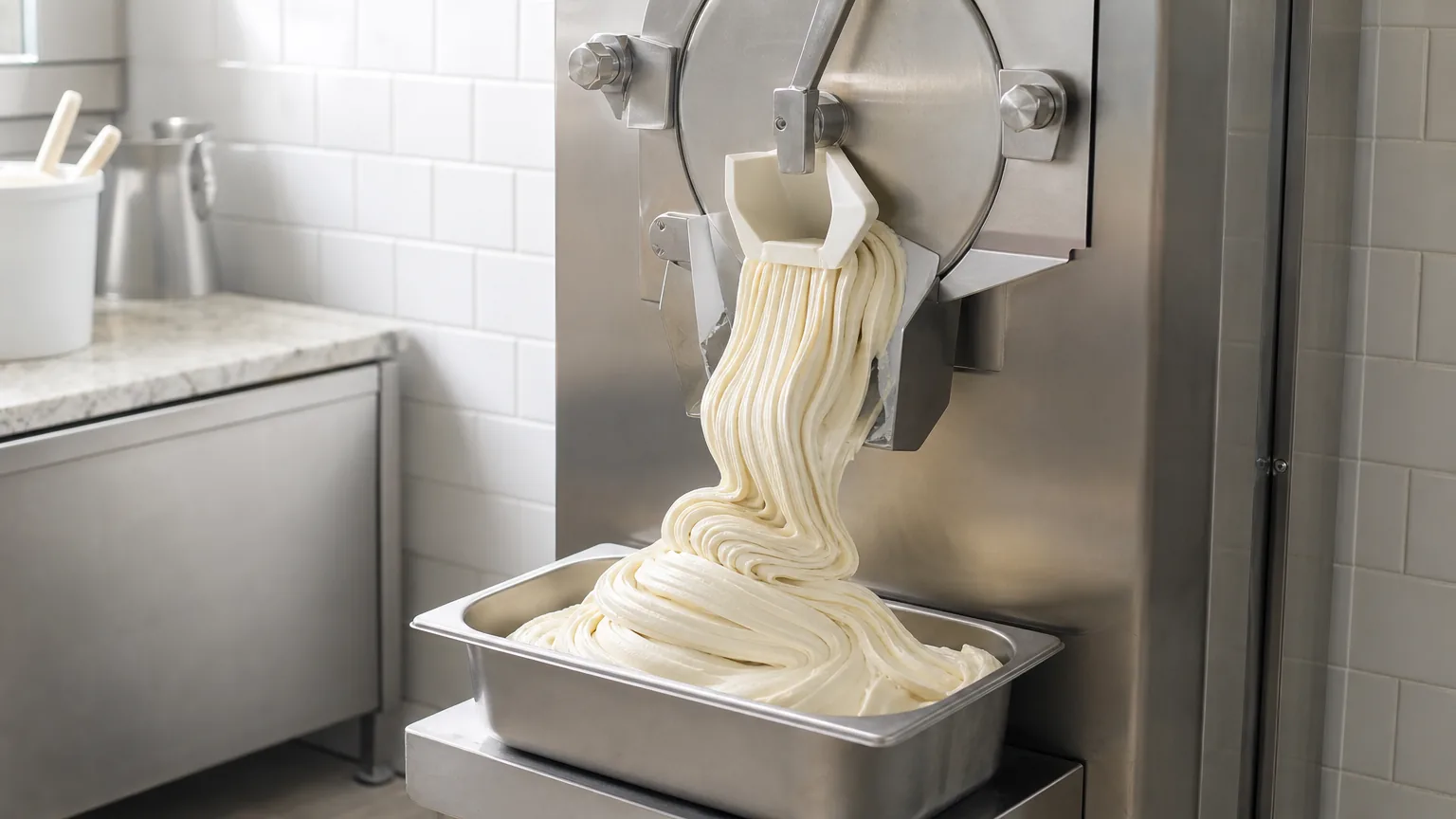 Gelato extruding from a batch freezer into a steel pan