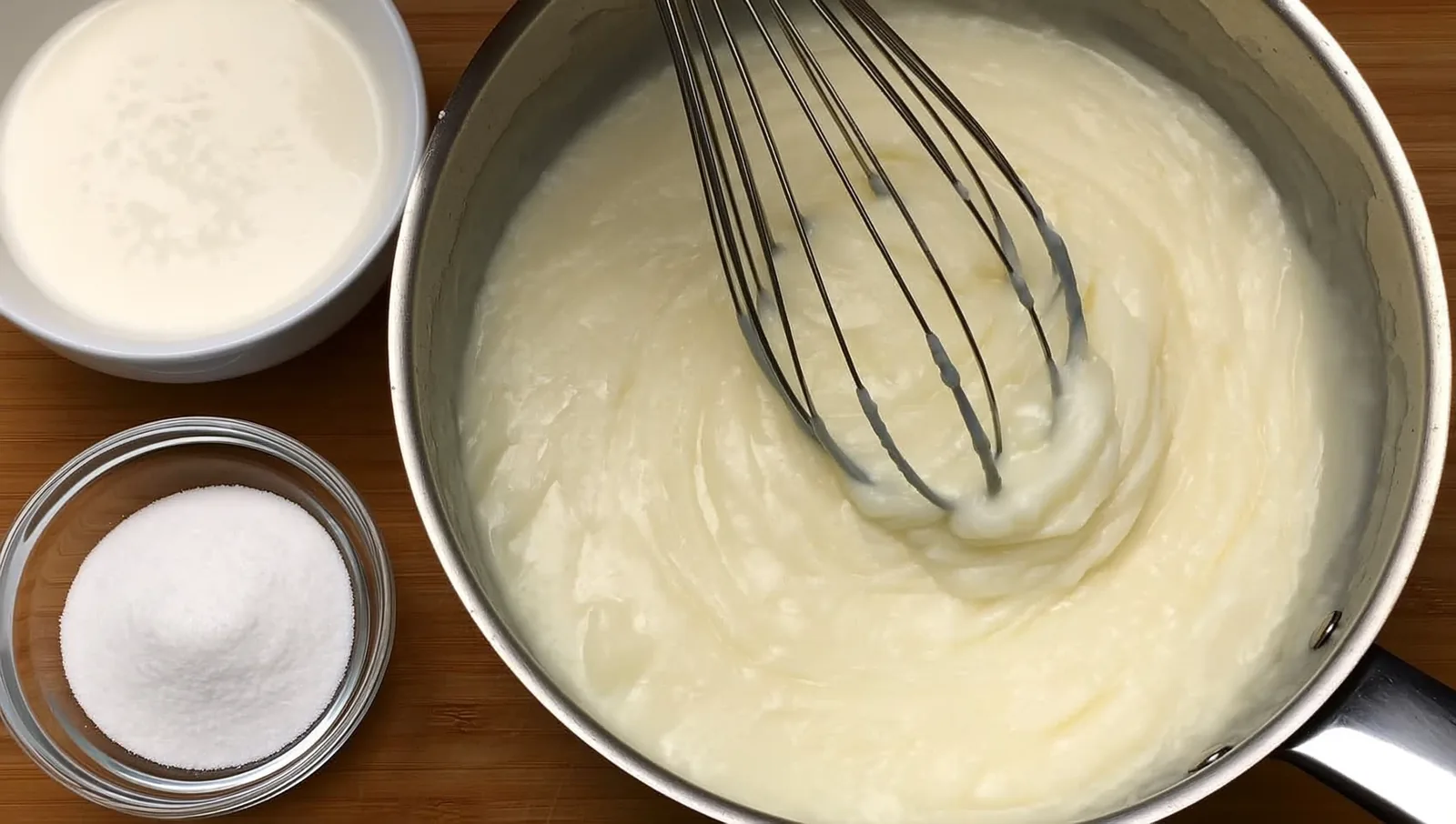 Thickened coconut gelato base whisked in a steel saucepan