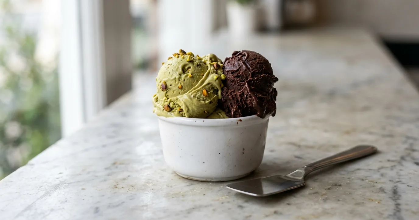 Dense scoops of pistachio and chocolate gelato in a white cup