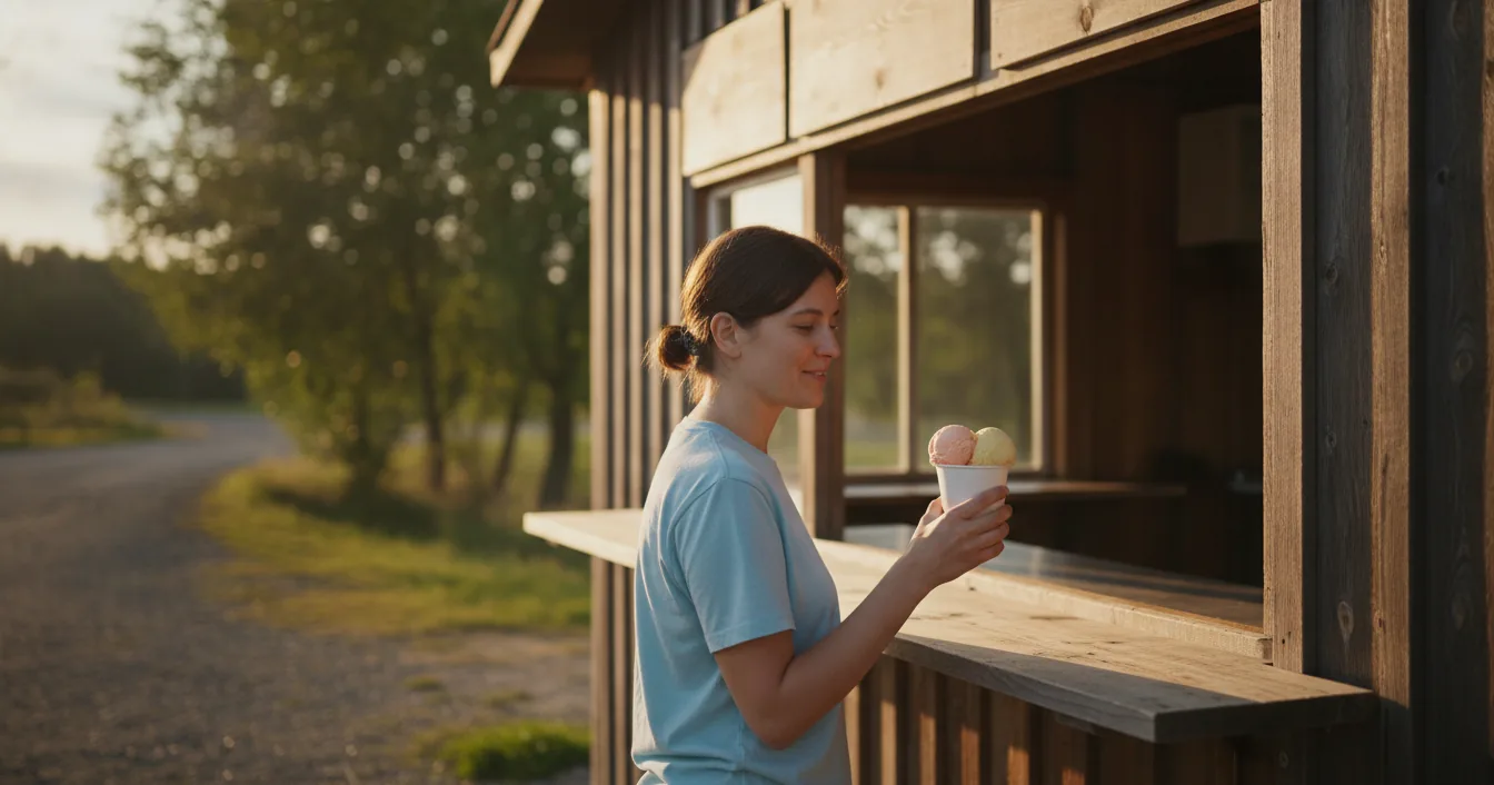 A customer at the open window of a small roadside ice cream stand at golden hour holding a paper cup of pale sorbet.