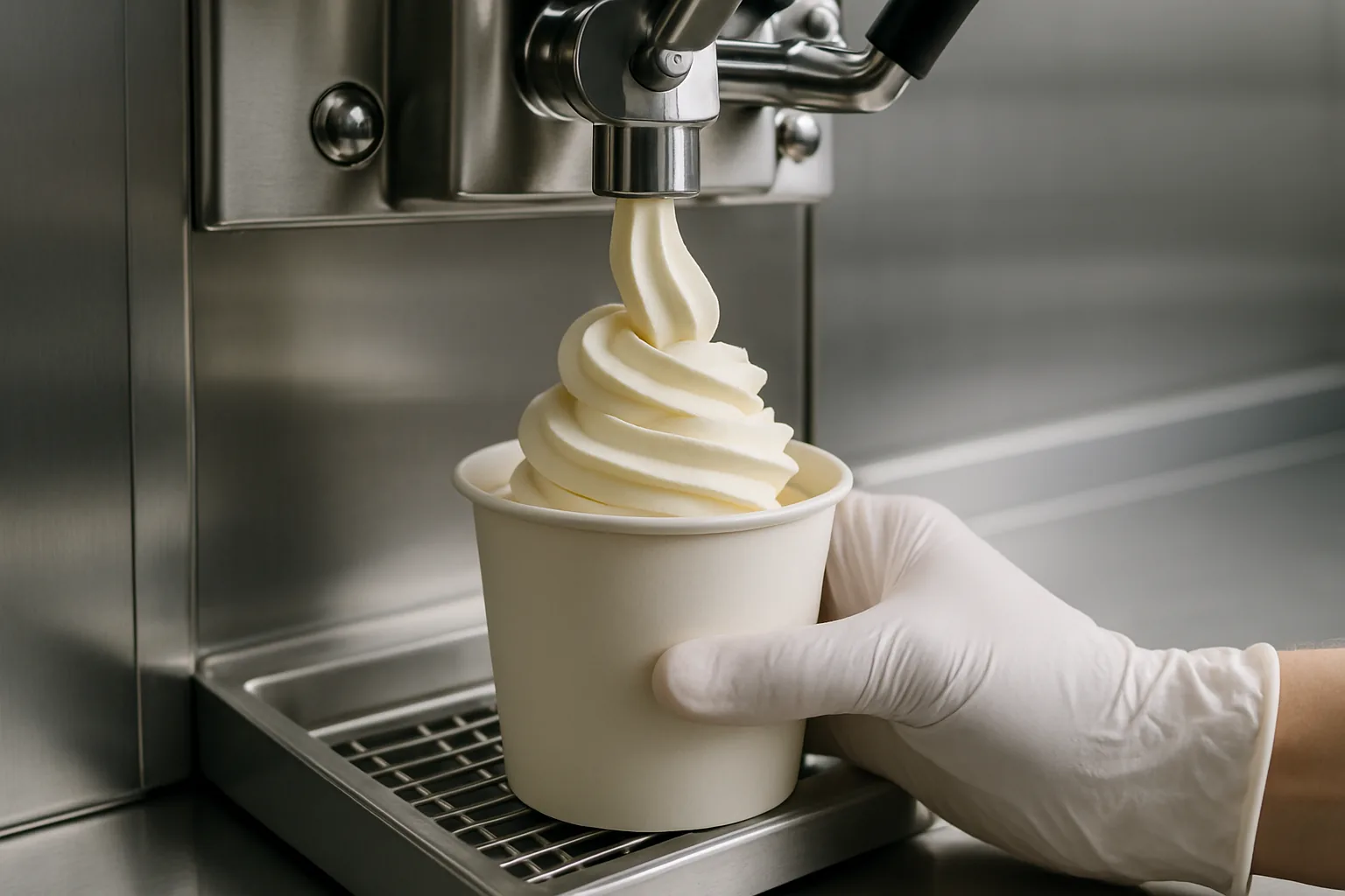 Close-up of a stainless steel soft serve machine dispensing a swirl of pale soft serve into a paper cup held by a gloved hand.