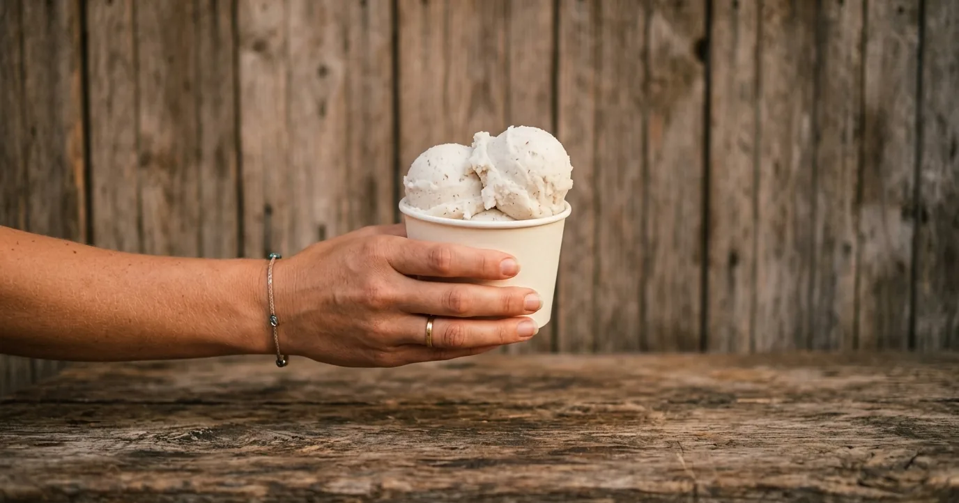 A hand holding a paper cup of two pale sorbet scoops