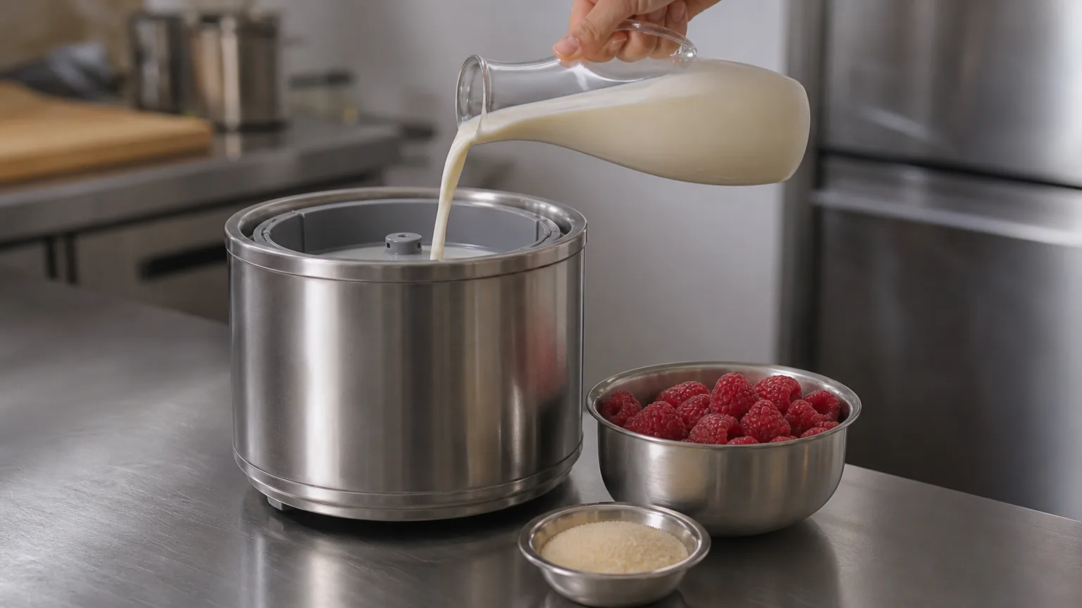 Oat milk poured from a jug into a stainless ice cream churn