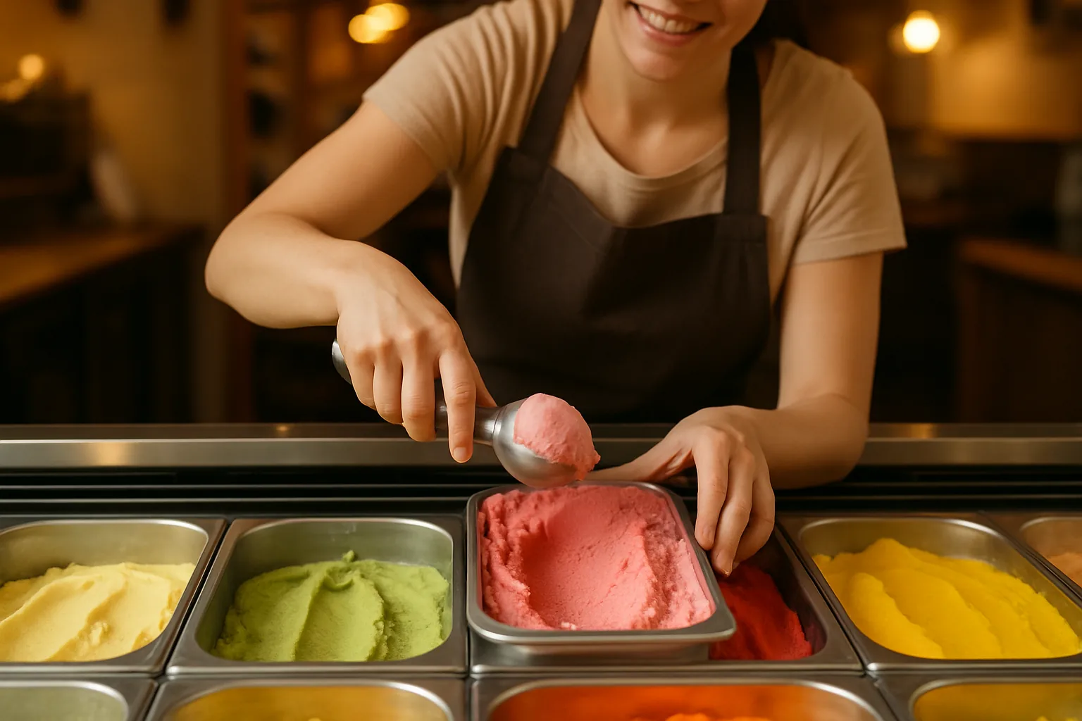 An ice cream shop worker scooping pink sorbet from a freshly opened tub with a clean metal scoop behind a glass freezer case.