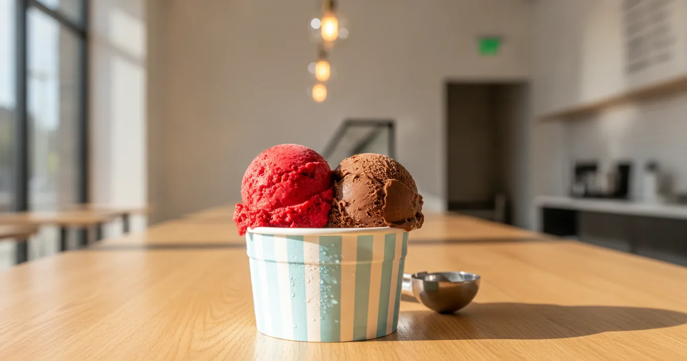 A paper cup holding a scoop of raspberry sorbet and a scoop of chocolate dairy-free ice cream on a scoop shop counter.