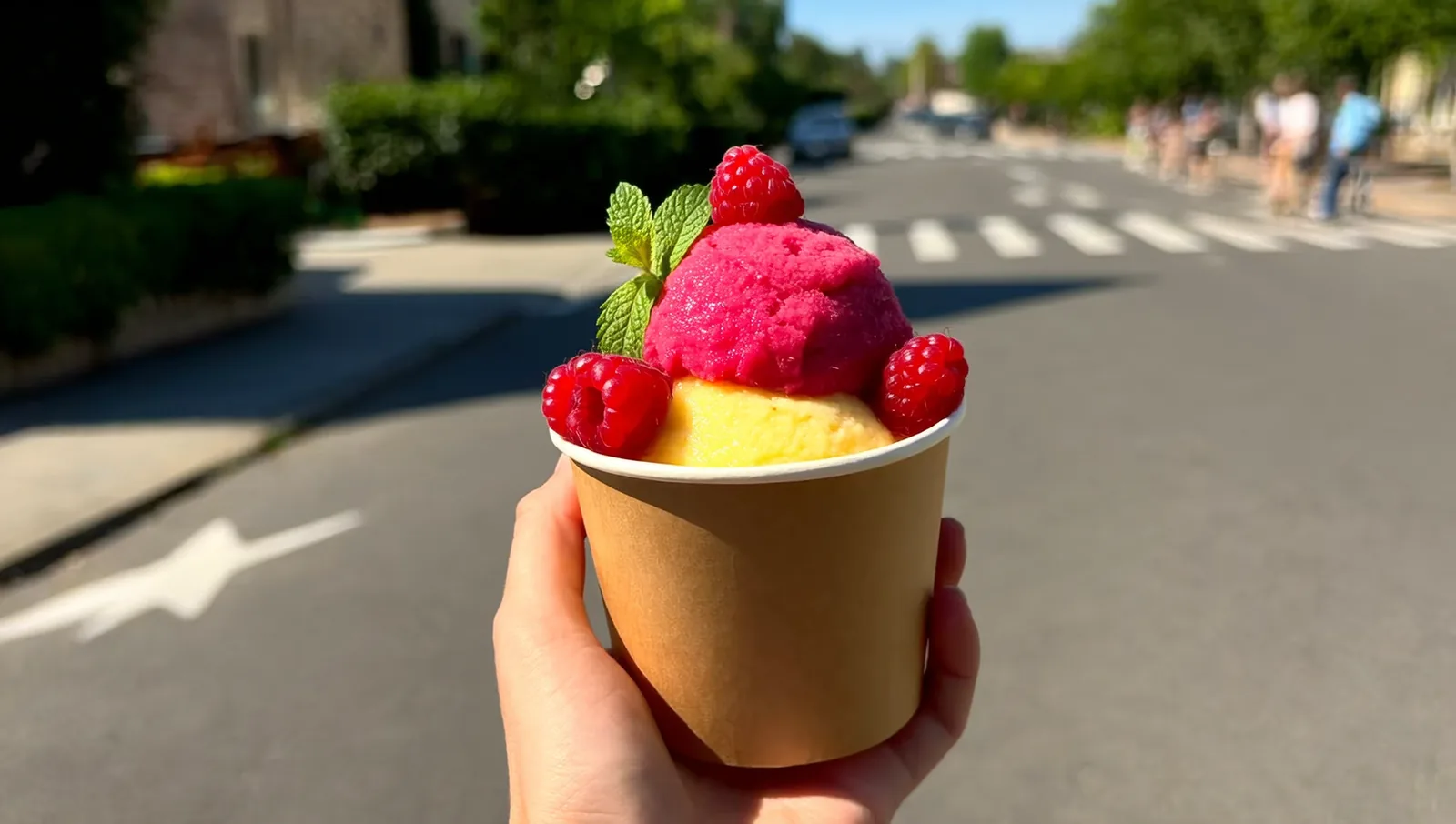 A hand holding a paper cup of two-scoop fruit sorbet topped with fresh raspberries and a mint leaf on a sunny street.