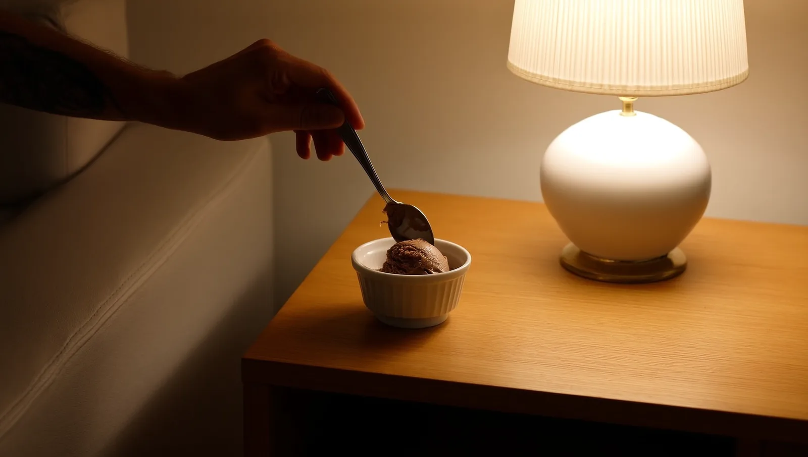 Bowl of chocolate ice cream by a table lamp