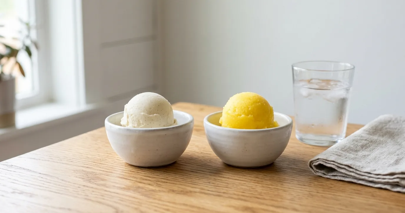 Bowls of vanilla ice cream and pineapple sorbet