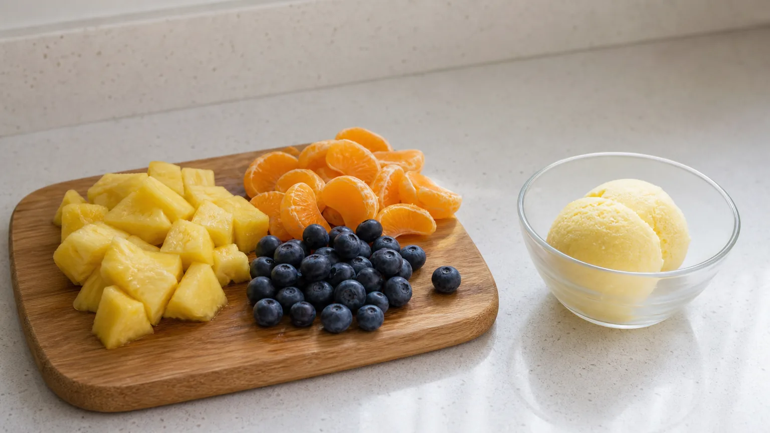 Pineapple, oranges and blueberries beside sorbet