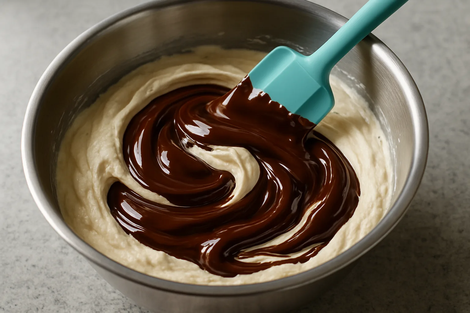 Melted chocolate being folded into a dairy-free ice cream base
