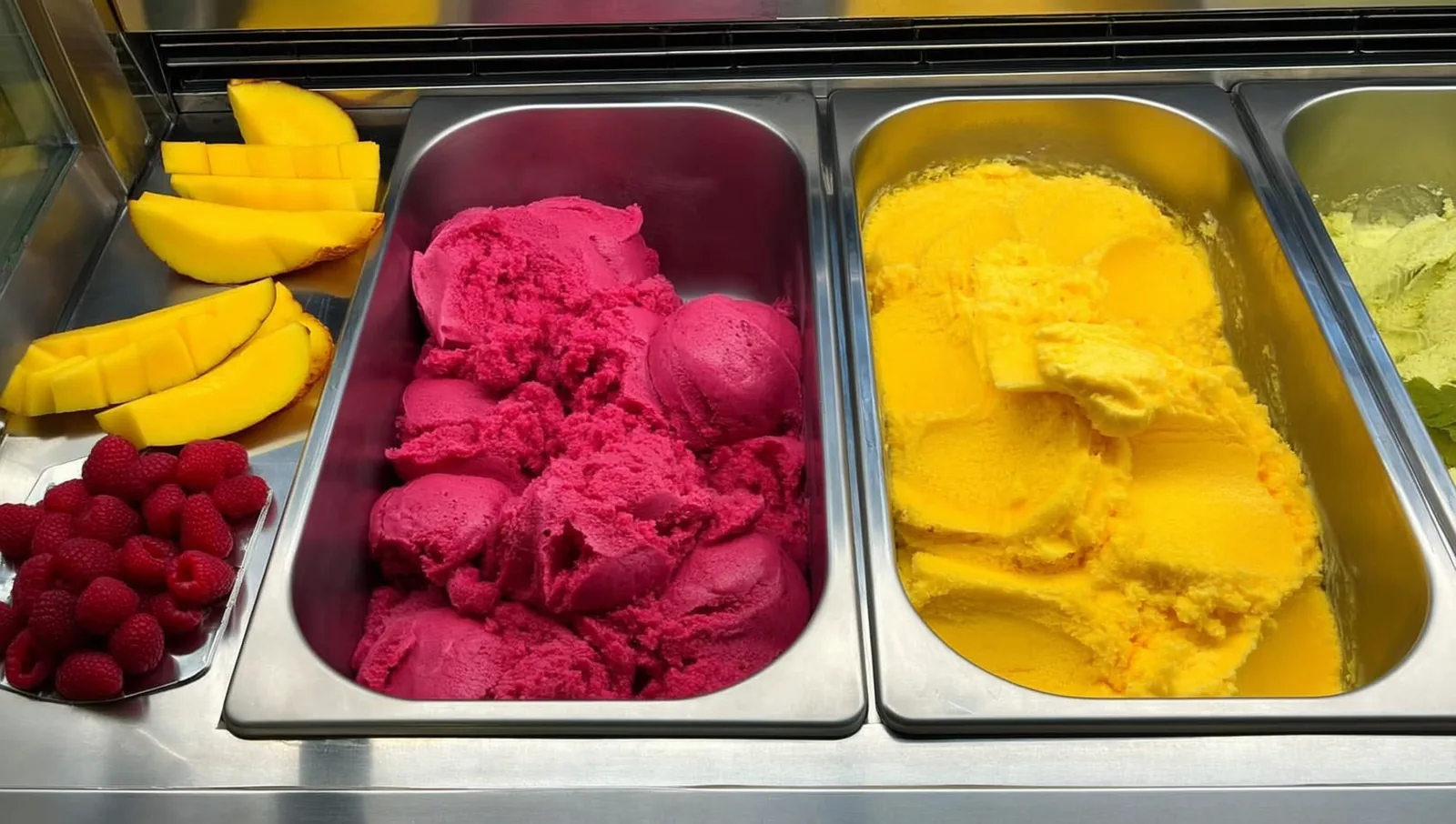 Raspberry sorbet and mango ice cream in metal tubs with fresh fruit