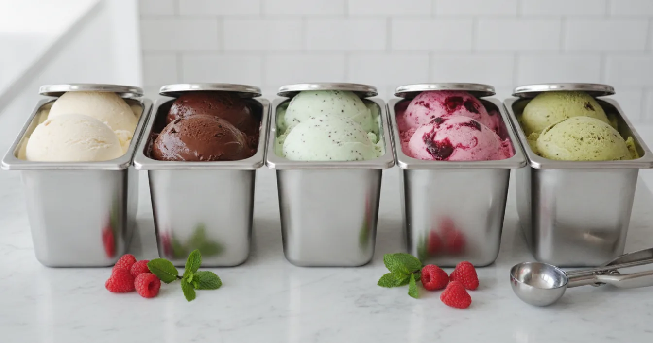 Scoops of chocolate, mint, matcha and berry ice cream in a row