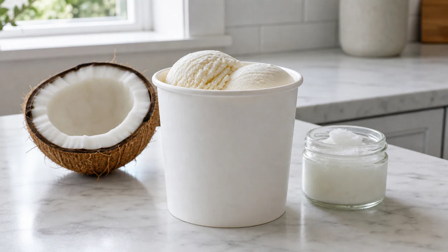 Coconut ice cream beside a coconut and coconut oil