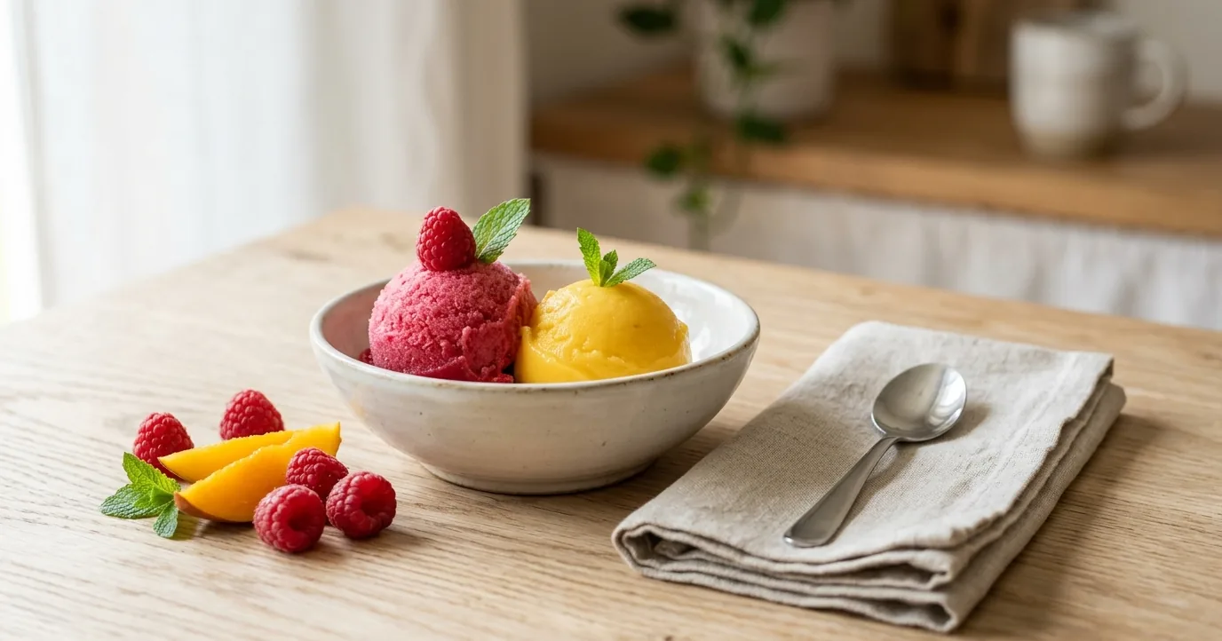 Raspberry and mango sorbet in a white bowl